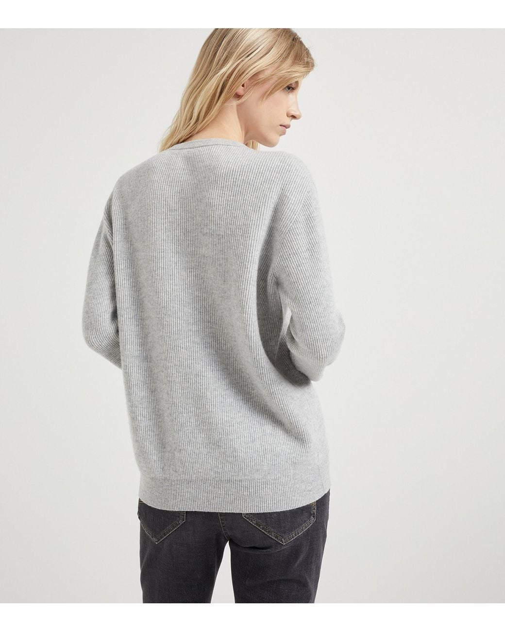 Brunello Cucinelli Gray Cashmere Monili-Trim Sweater