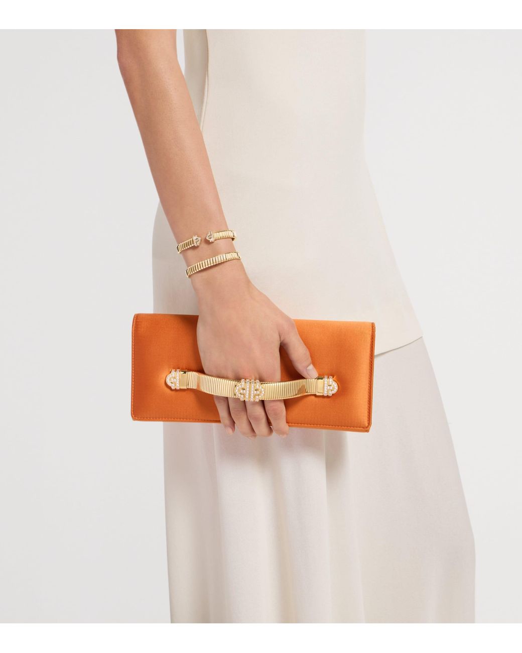 BVLGARI Orange Satin Tubogas Evening Clutch Bag