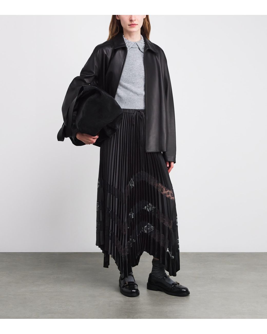 Claudie Pierlot Black Lace-Trim Pleated Maxi Skirt