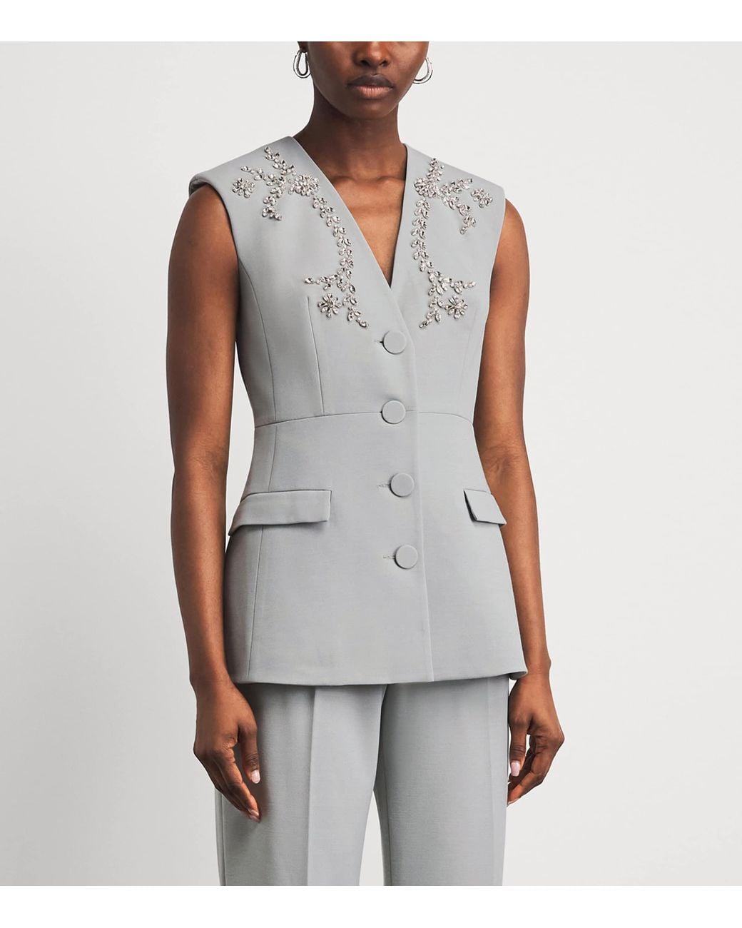 Huishan Zhang Gray Crepe Embellished Sigrid Sleeveless Jacket
