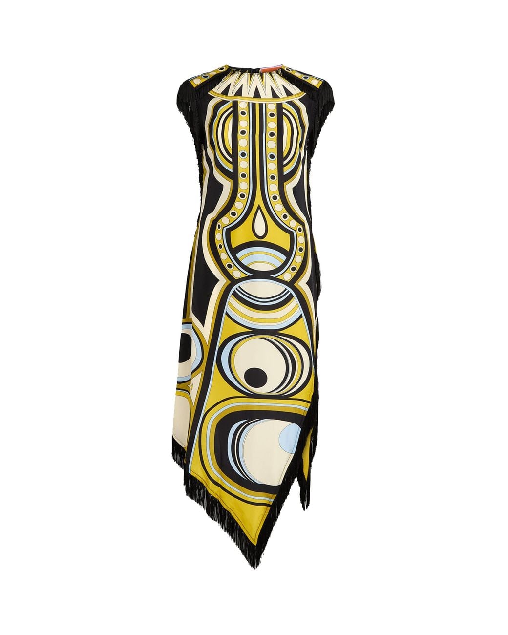 LaDoubleJ Metallic Silk Fringe-Trim Printed Midi Dress