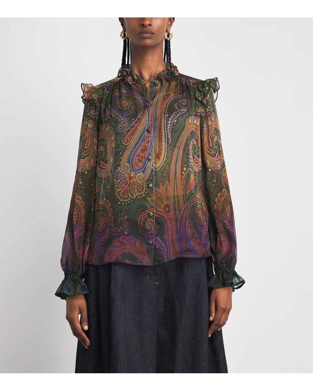 Etro Brown Silk Ruffle Paisley Blouse