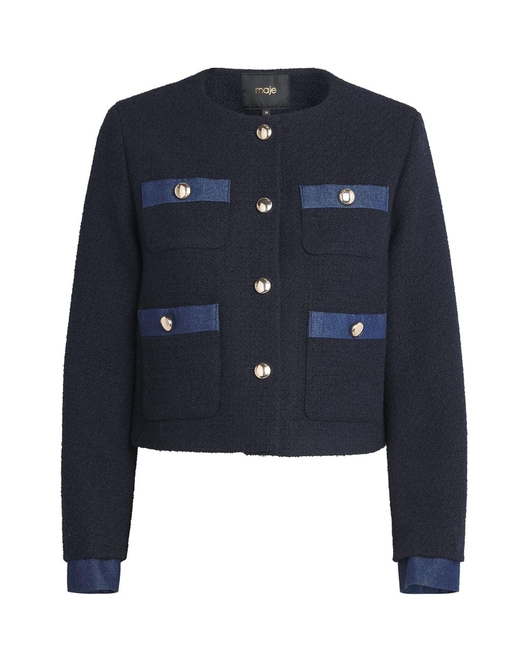 Maje Blue Tweed Denim-Trim Jacket
