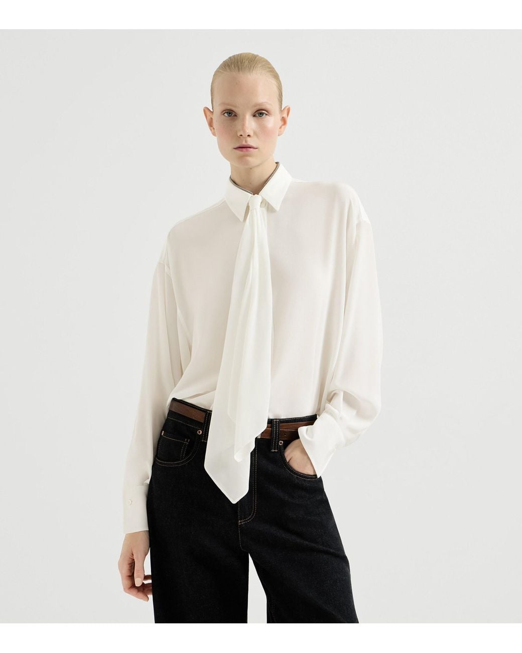 Brunello Cucinelli White Silk Tie-Detail Shirt
