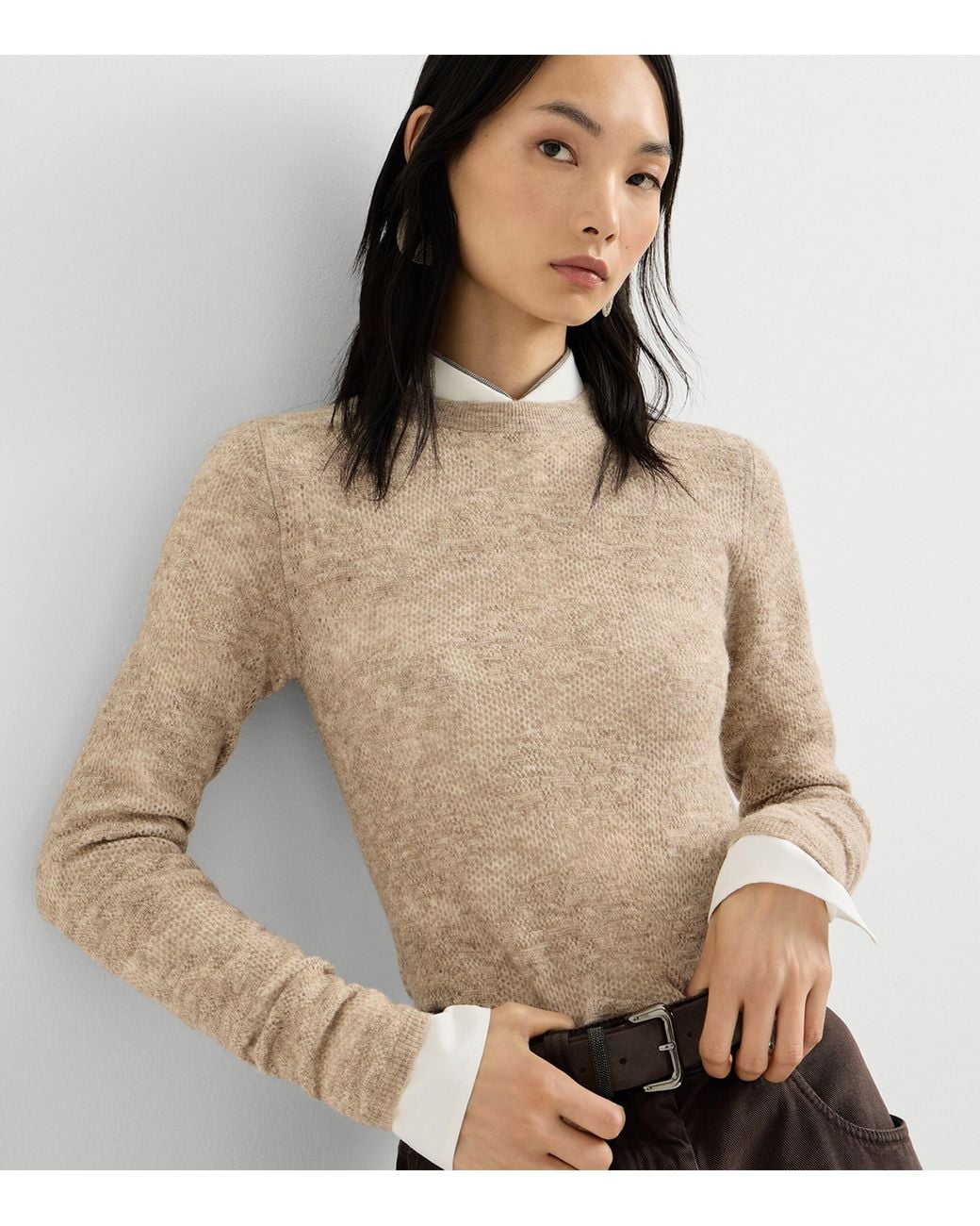 Brunello Cucinelli Natural Silk-Alpaca-Wool Lace-Detail Sweater