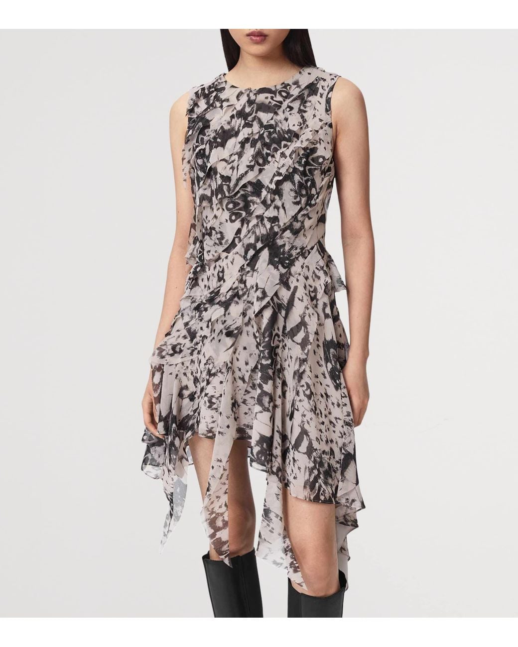 AllSaints White Ruffled Asymmetric Angie Midi Dress