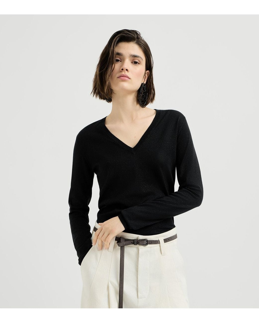 Brunello Cucinelli Black Cashmere-Blend Sparkle V-Neck Sweater