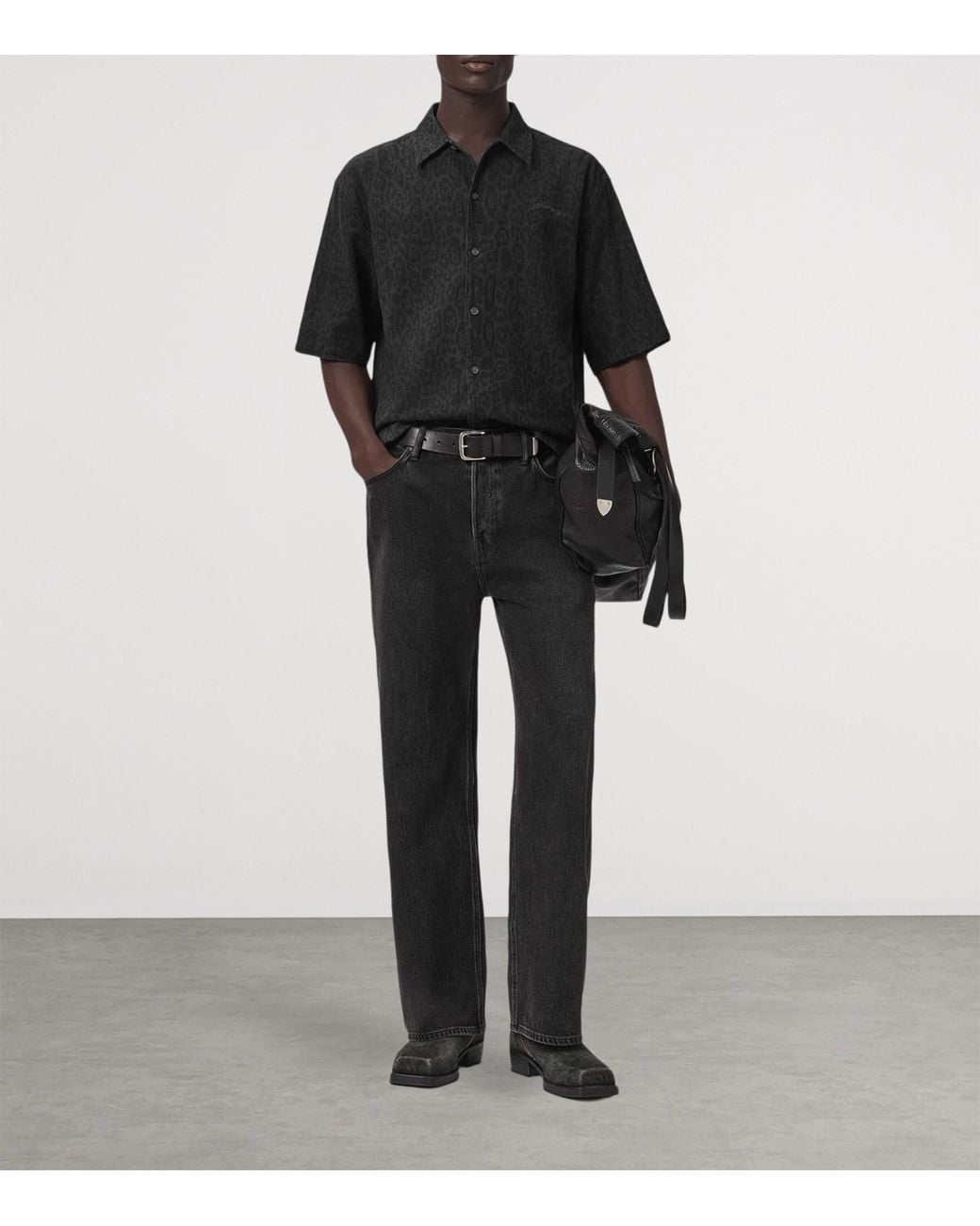 AllSaints Black Organic Cotton-Linen Leopardo Shirt for men