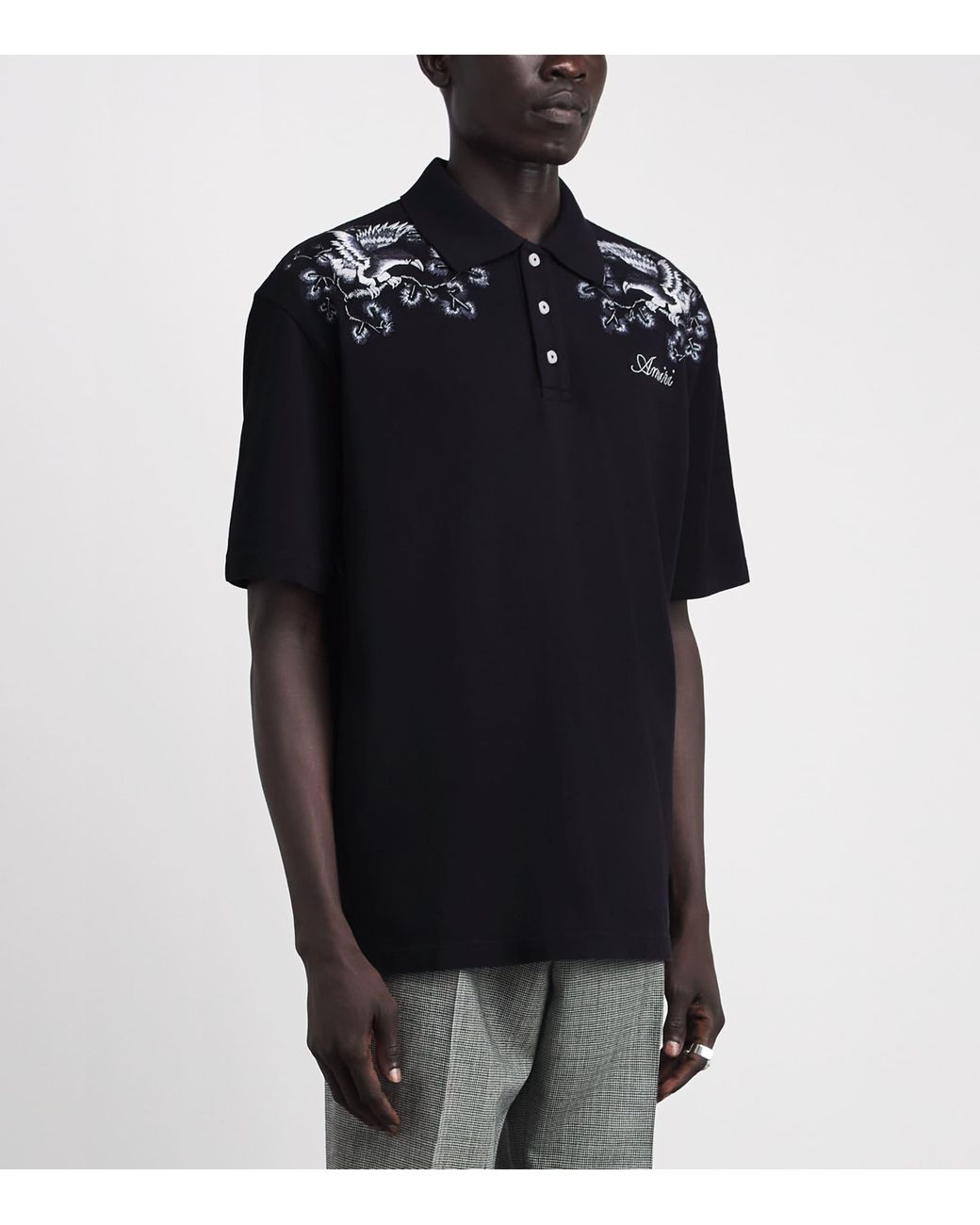 Amiri Black Cotton Floral-Embroidered Polo Shirt for men