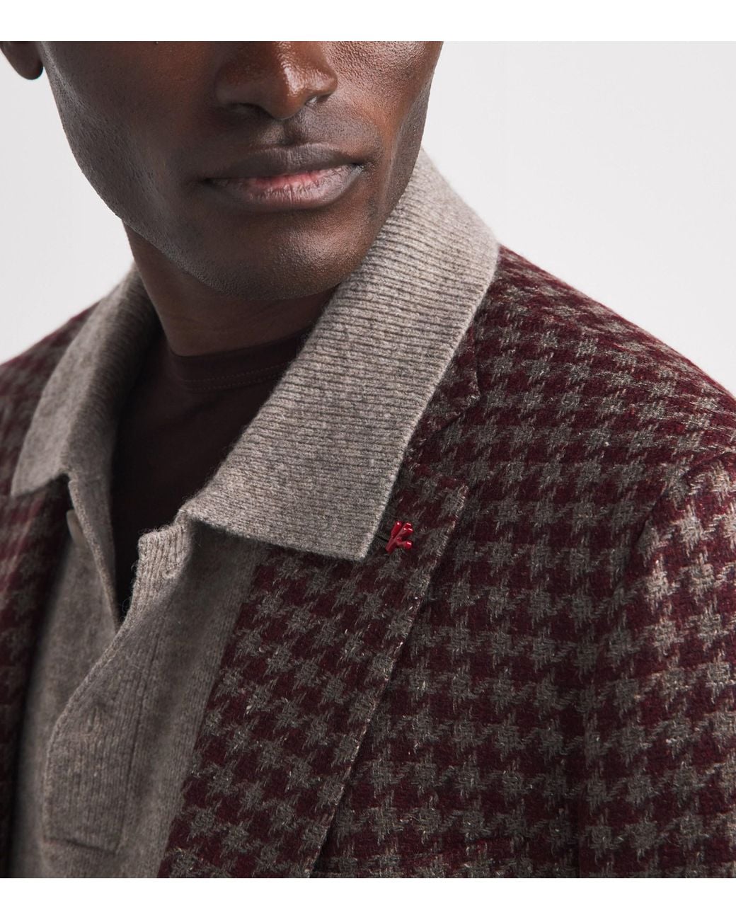 Isaia Brown Wool-Cashmere-Silk Houndstooth Capri Blazer for men