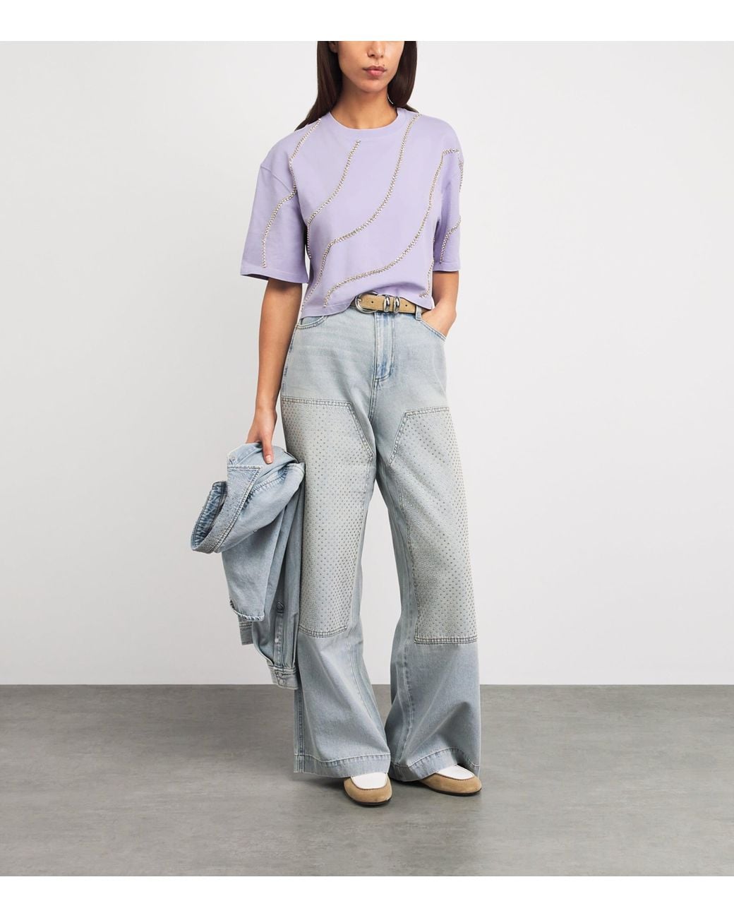 Sandro Purple Cotton Embellished Cropped T-Shirt