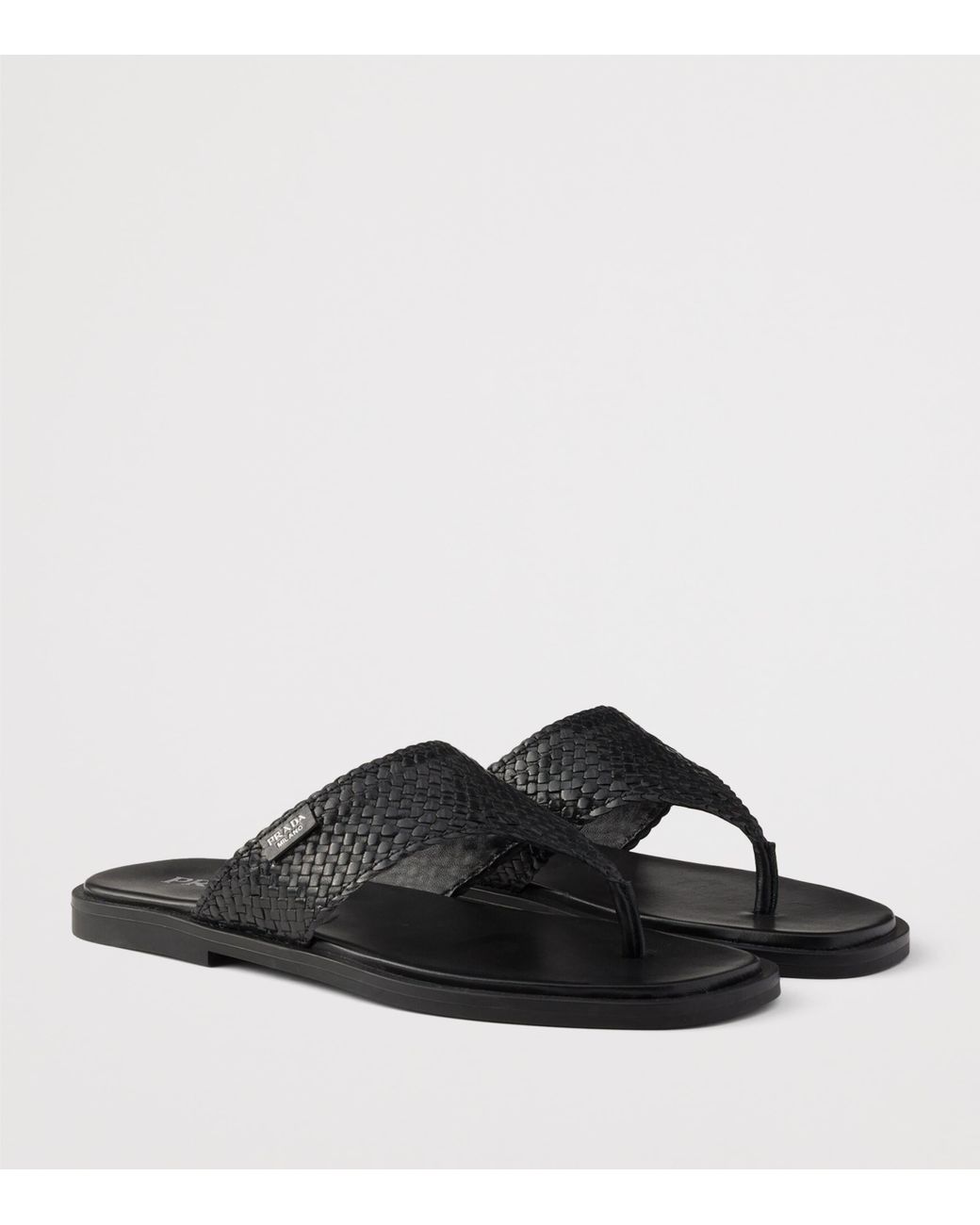 Prada Black Leather Woven Flip Flops for men