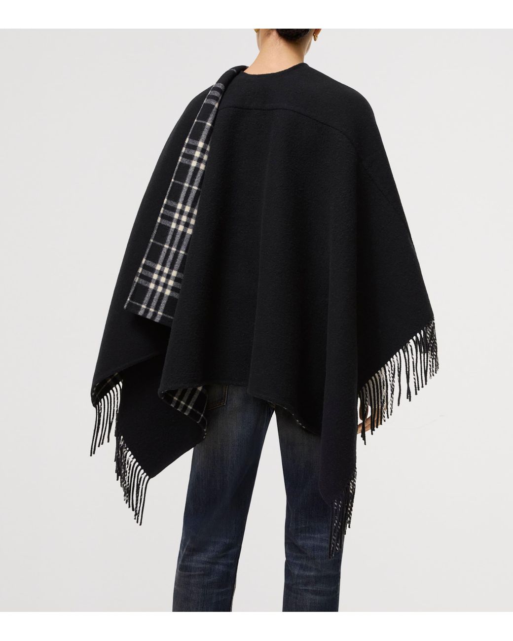 Burberry Black Wool Fringe Blanket Cape