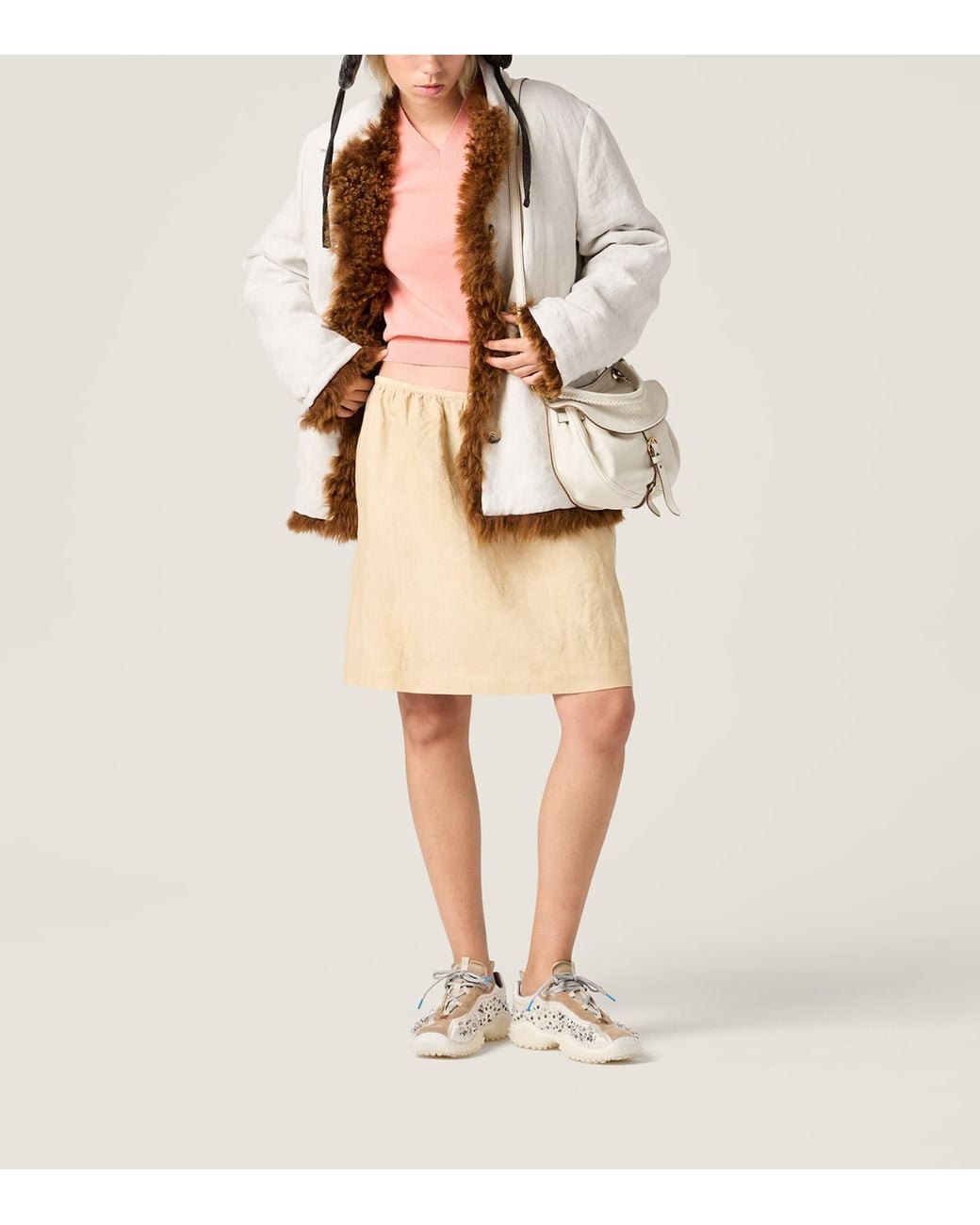Miu Miu Natural Linen Frayed-Logo Mini Skirt