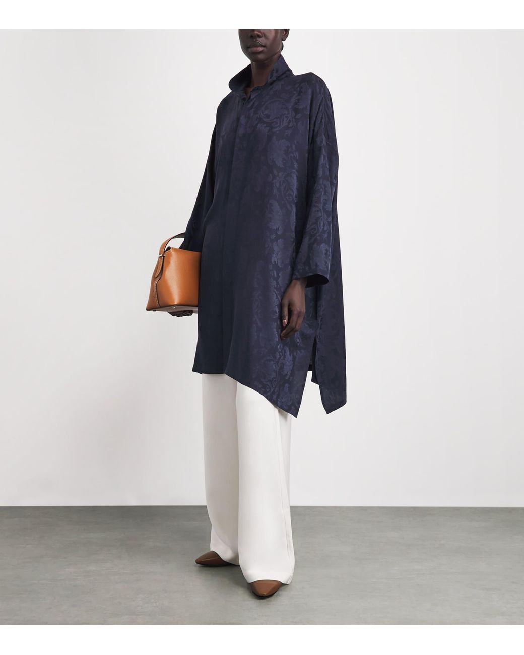 Eskandar Blue Silk Double-Stand Collar Shirt
