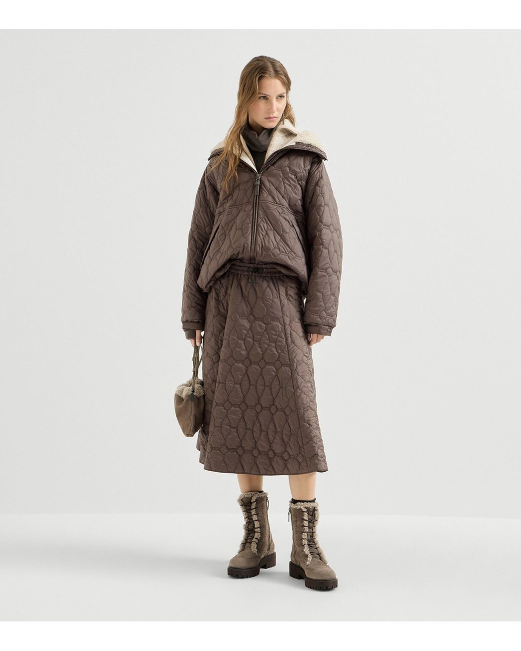 Brunello Cucinelli Brown Water-Resistant Quilted Midi Skirt