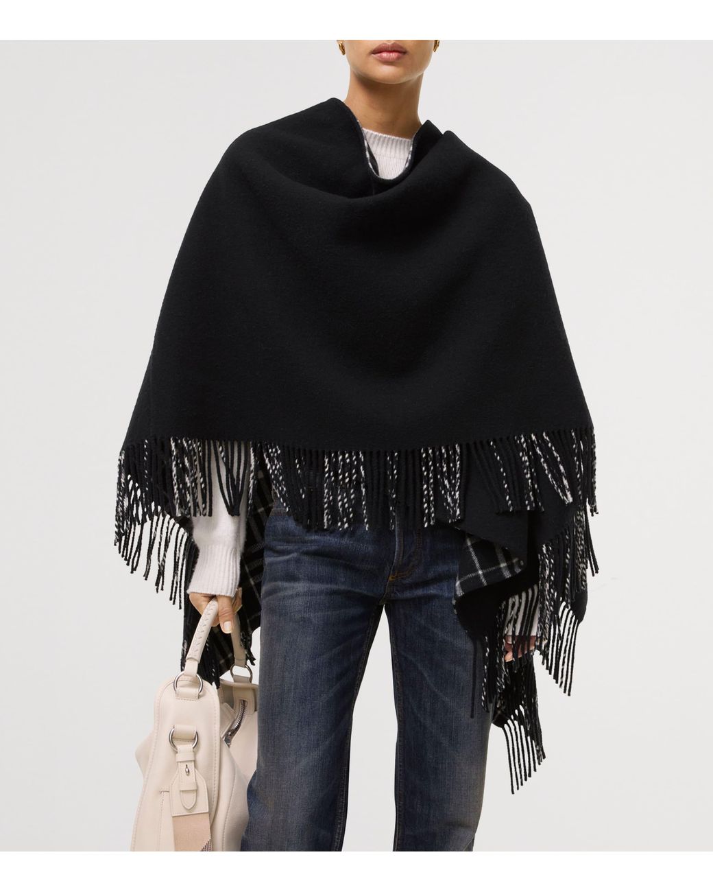 Burberry Black Wool Fringe Blanket Cape
