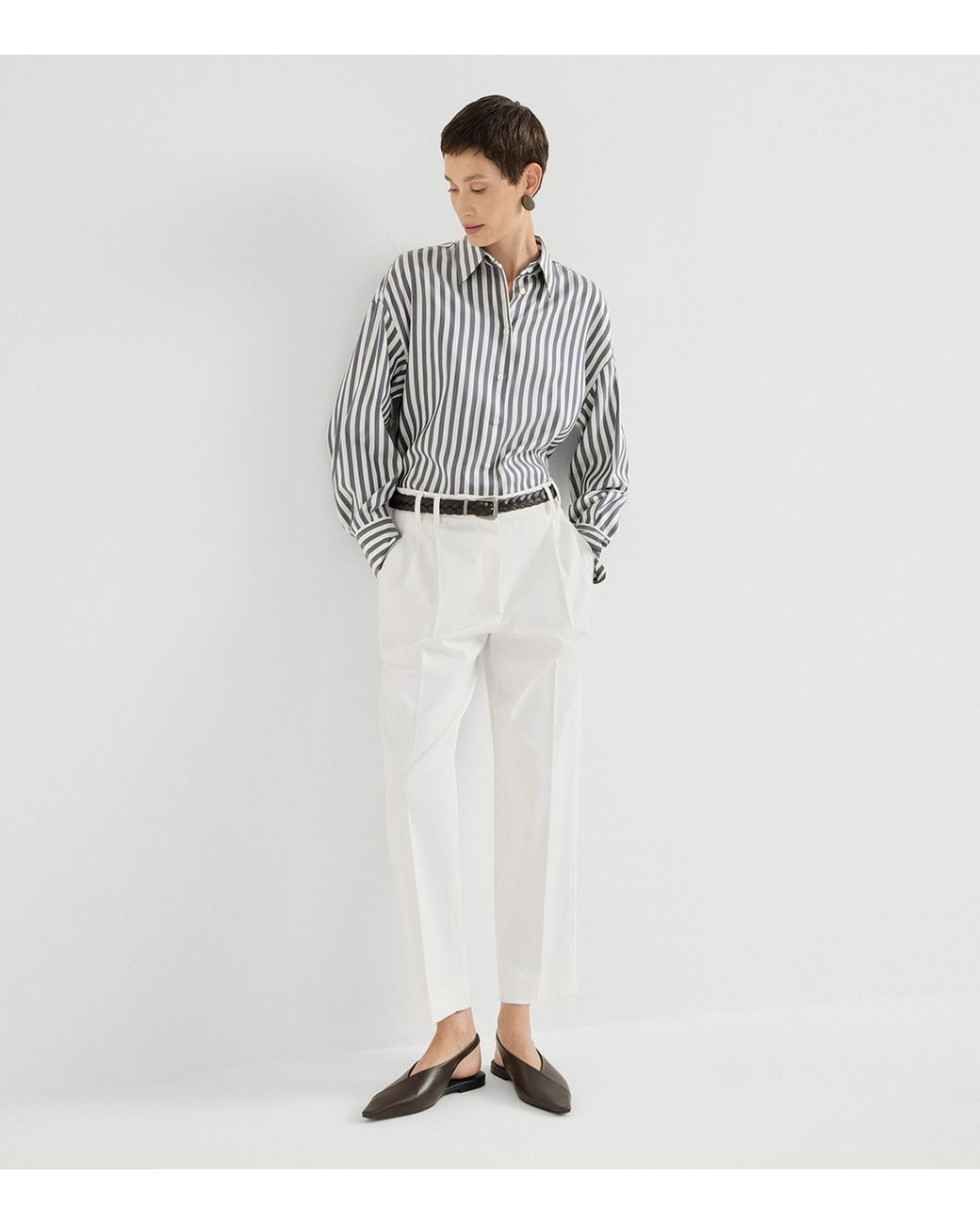 Brunello Cucinelli White Cotton Twill Pleated Trousers