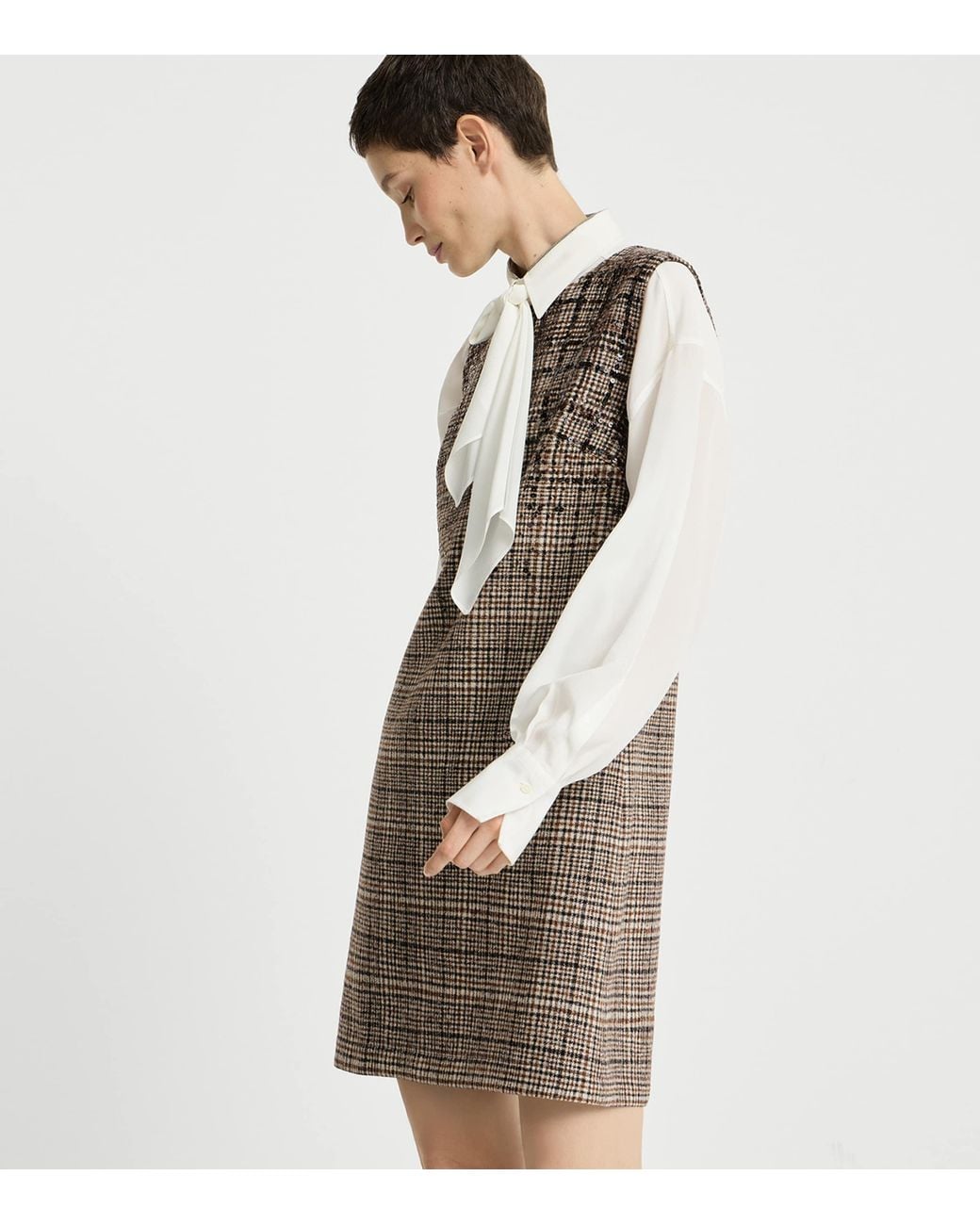 Brunello Cucinelli Brown Alpaca-Wool-Blend Check Mini Dress