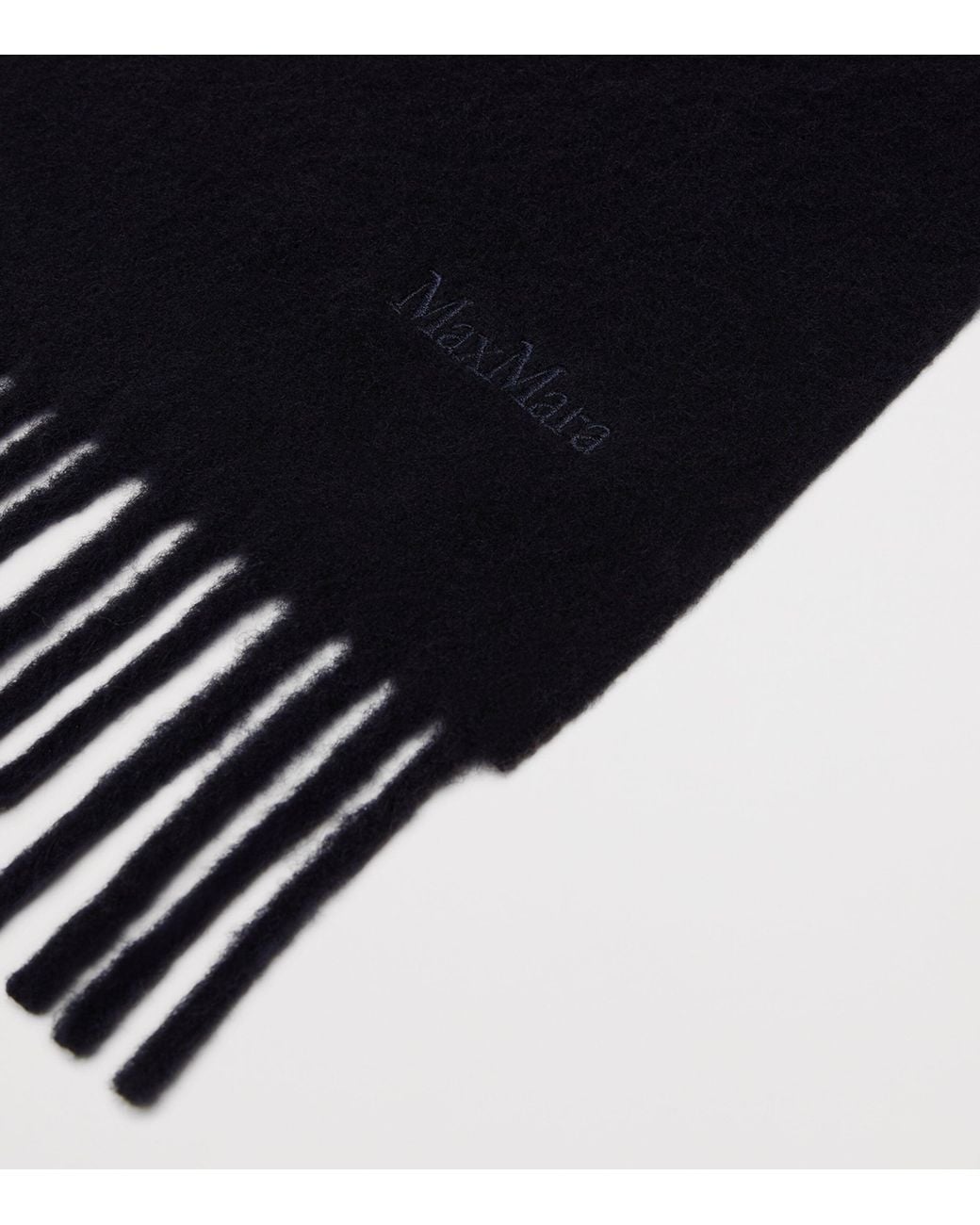 Max Mara Blue Wool Fringed Logo Scarf