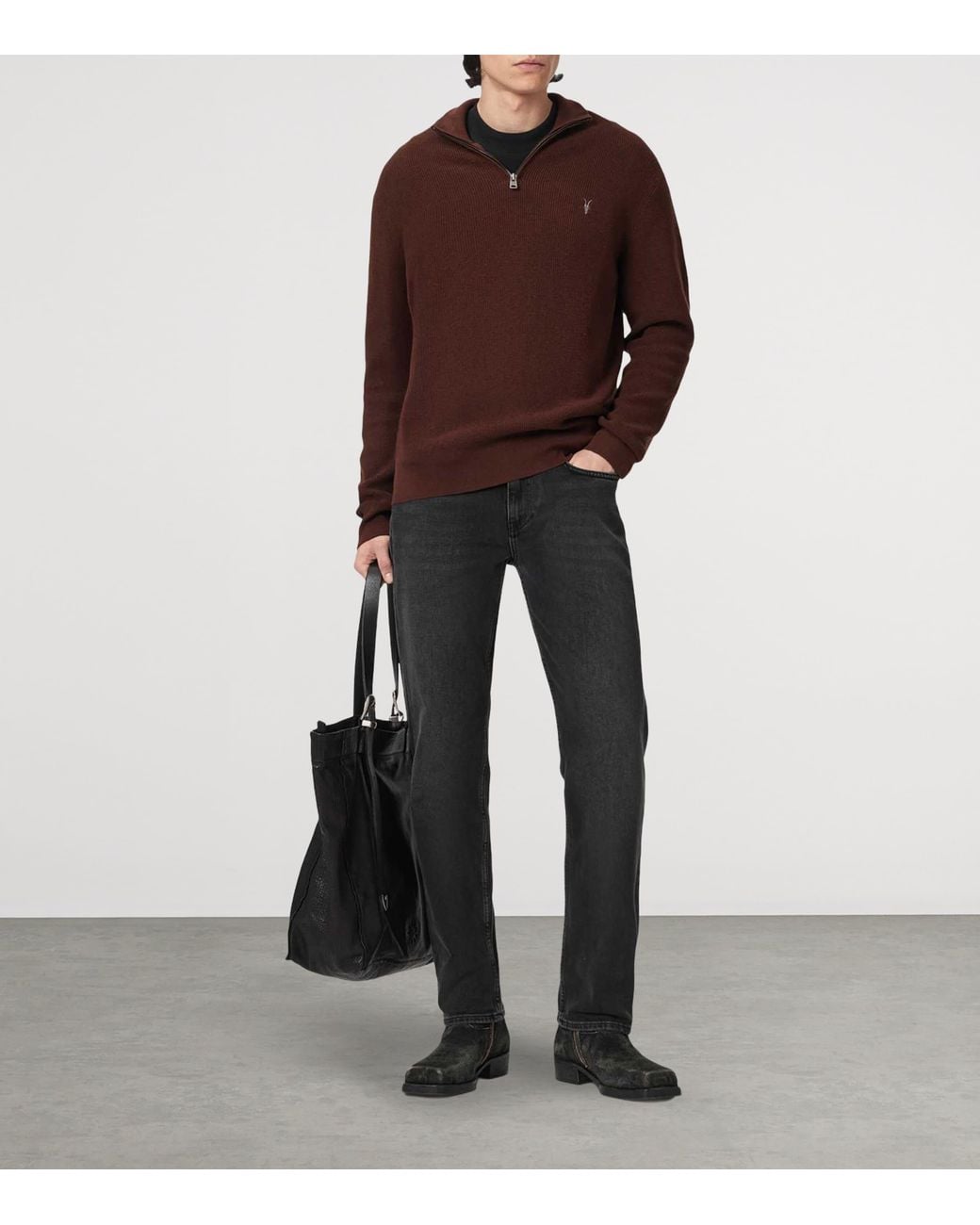 AllSaints Brown Funnel-Neck Aspen Sweater for men