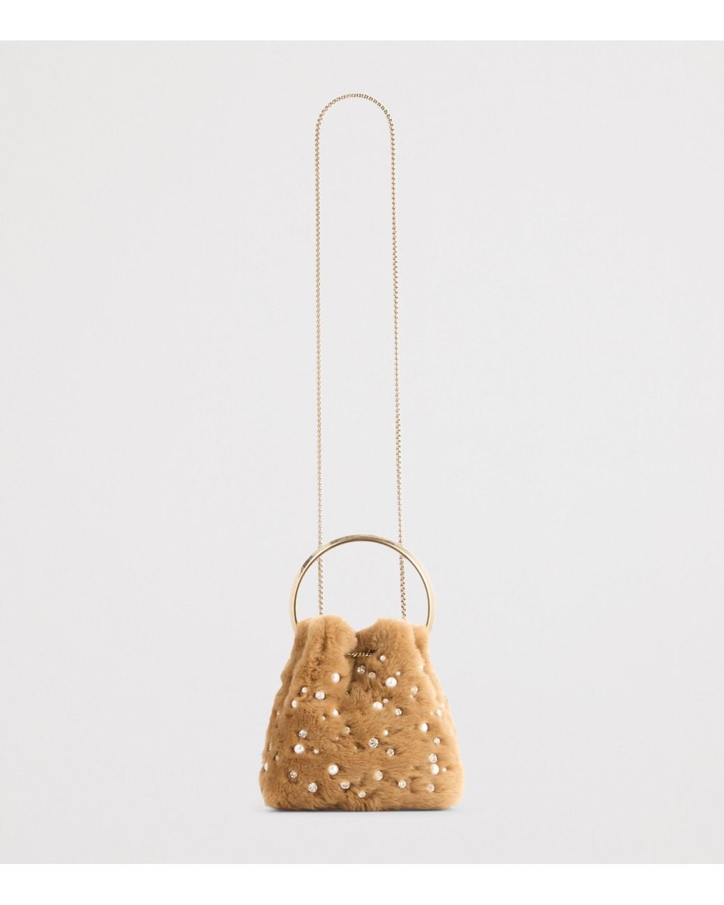 Jimmy Choo Brown Shearling Faux-Pearl Bon Bon Top-Handle Bag