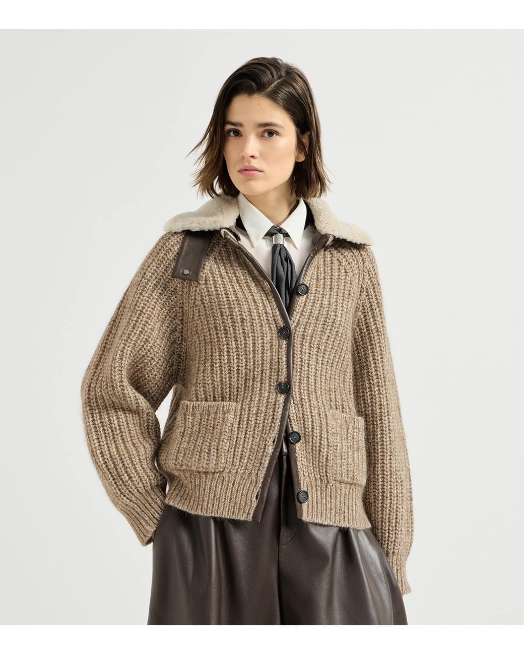 Brunello Cucinelli Brown Shearling-Trim Cardigan