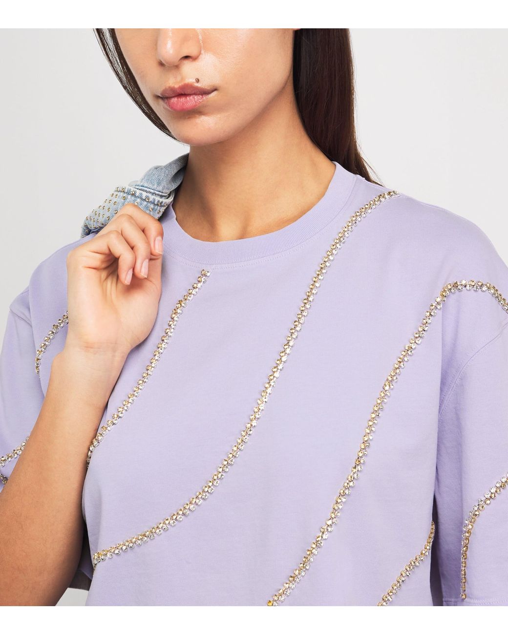 Sandro Purple Cotton Embellished Cropped T-Shirt