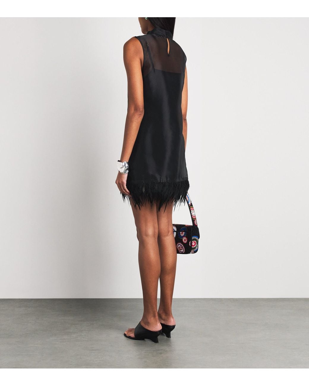 Staud Black Silk Feather-Trim Albee Mini Dress
