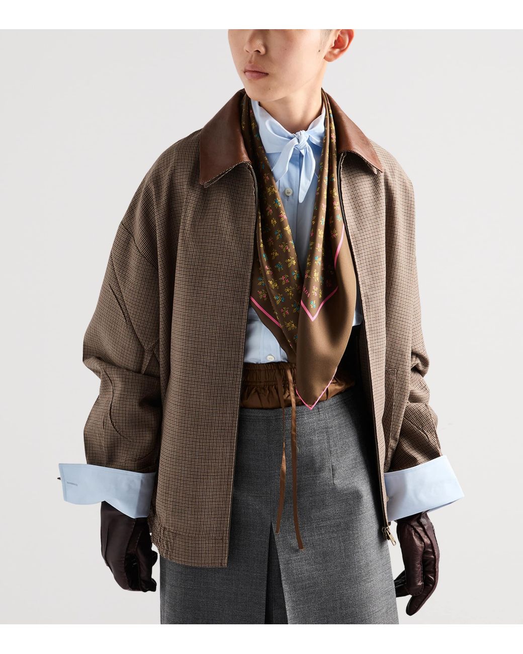 Prada Brown Wool Houndstooth Leather-Collar Jacket