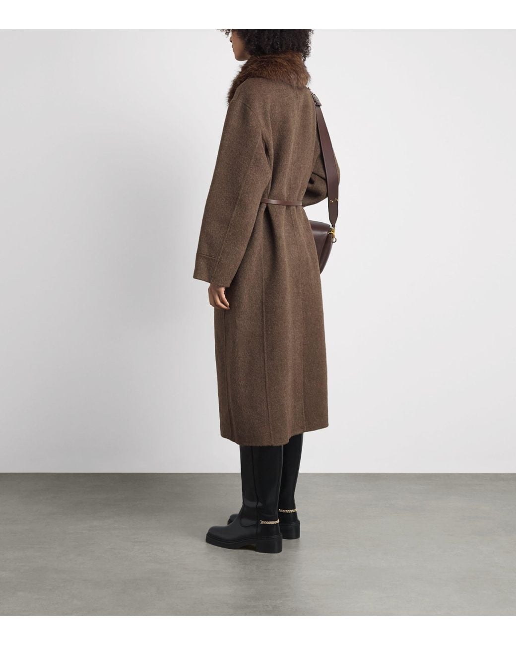Maje Brown Wool-Blend Faux Fur-Collar Coat