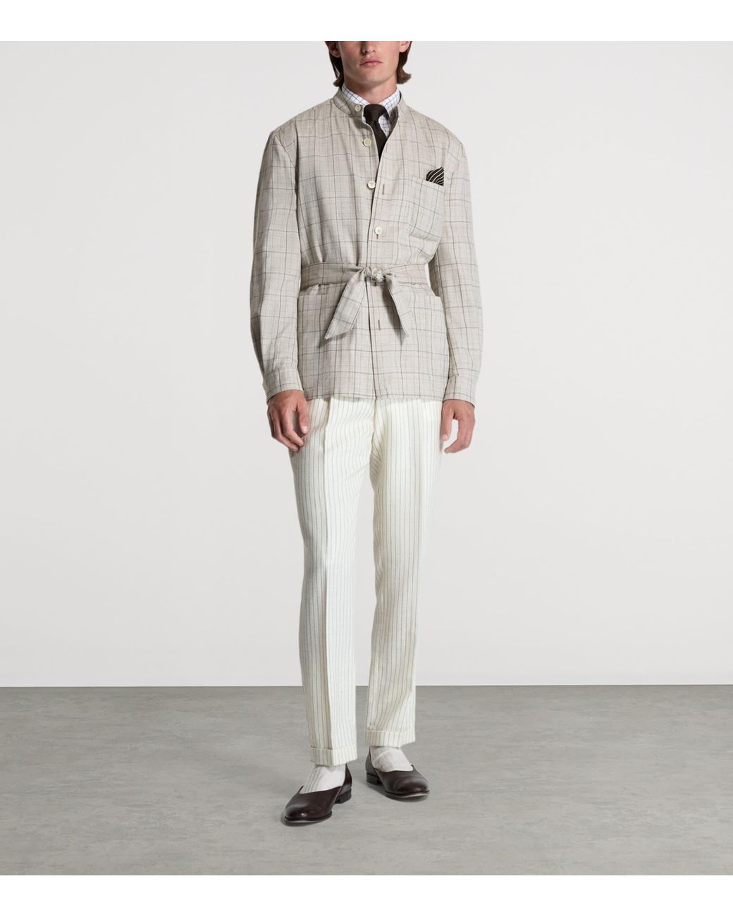 Dunhill Natural Wool-Silk-Linen Check Belted Jacket for men
