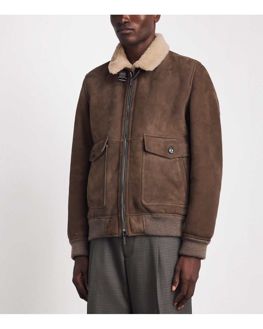 Moorer Brown Shearling Fiano Bomber Jacket for men