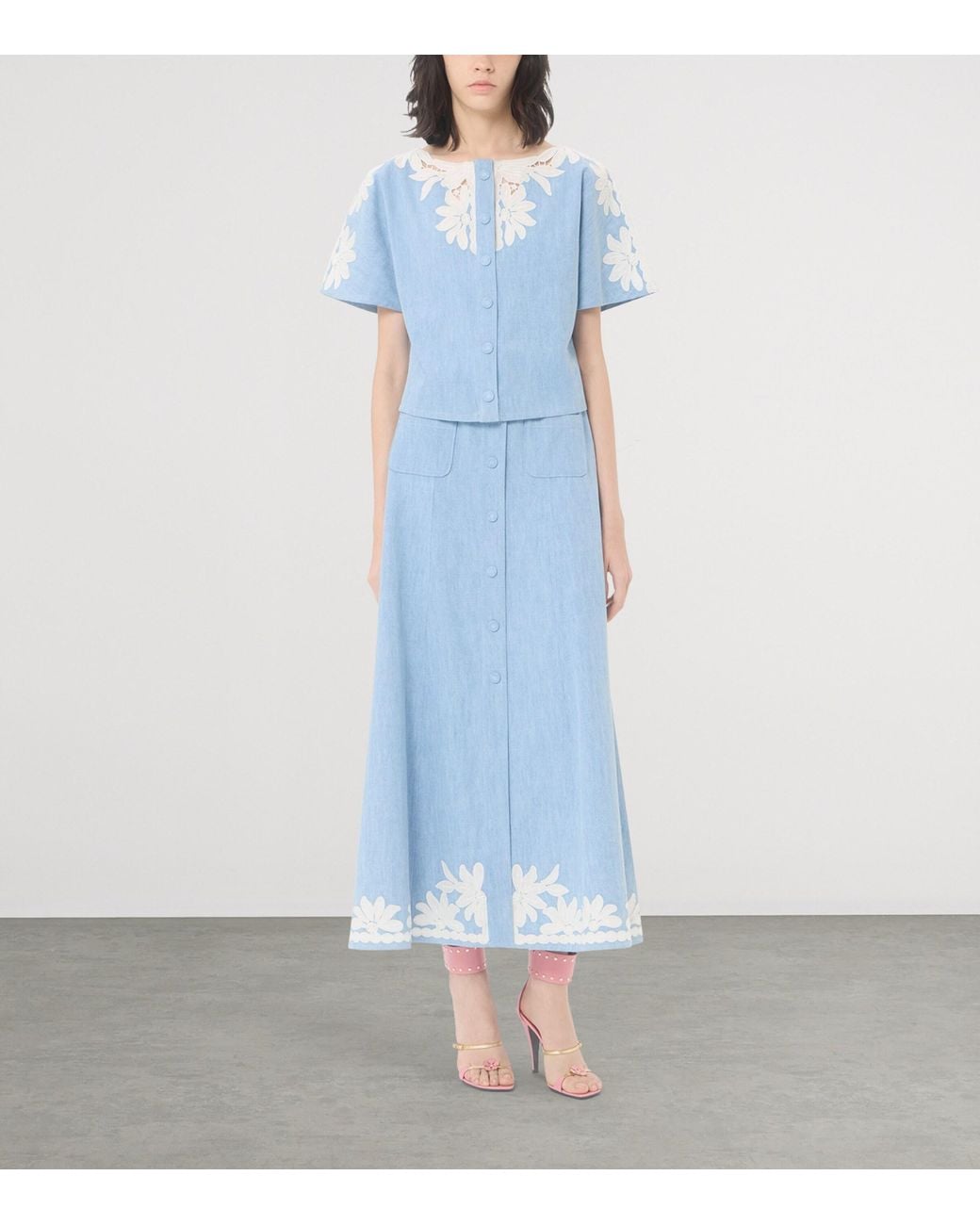 Valentino Blue Embroidered Denim Midi Skirt