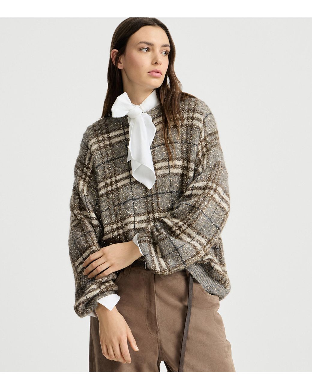 Brunello Cucinelli Gray Sequin Check Sweater