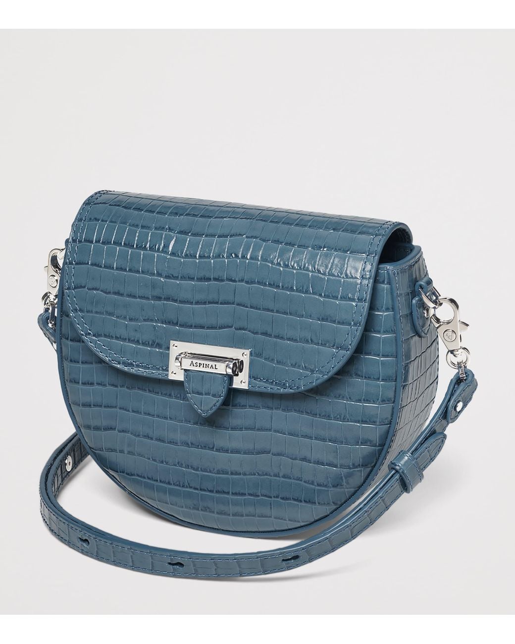 Aspinal Blue Leather Croc-Embossed Portobello Cross-Body Bag