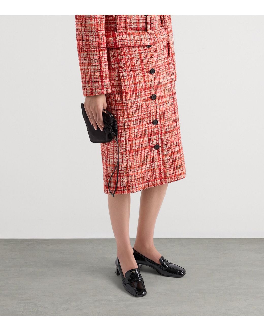 Prada Red Tweed Belted Midi Skirt