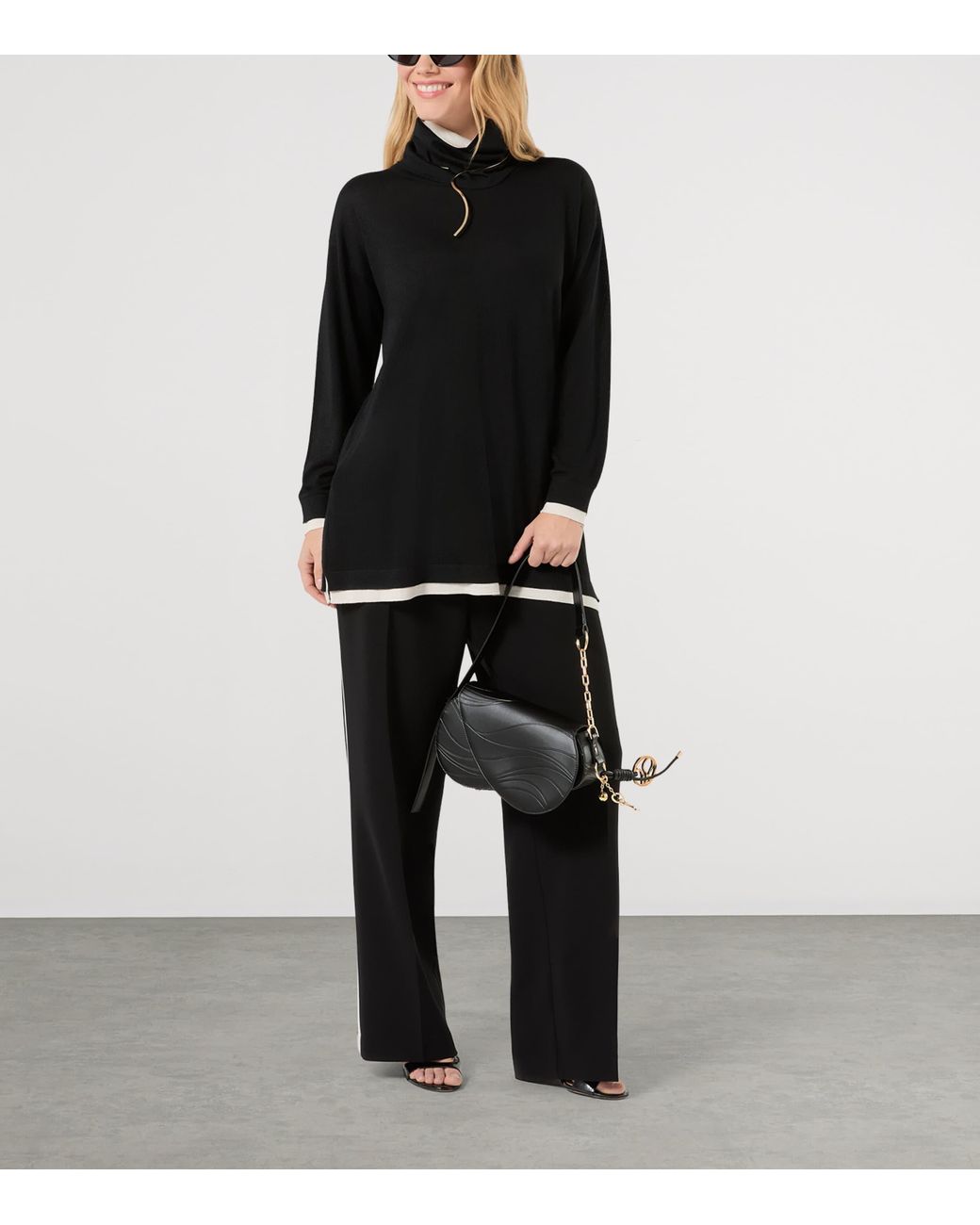 Marina Rinaldi Black Wool-Silk Removable Mock-Neck Sweater