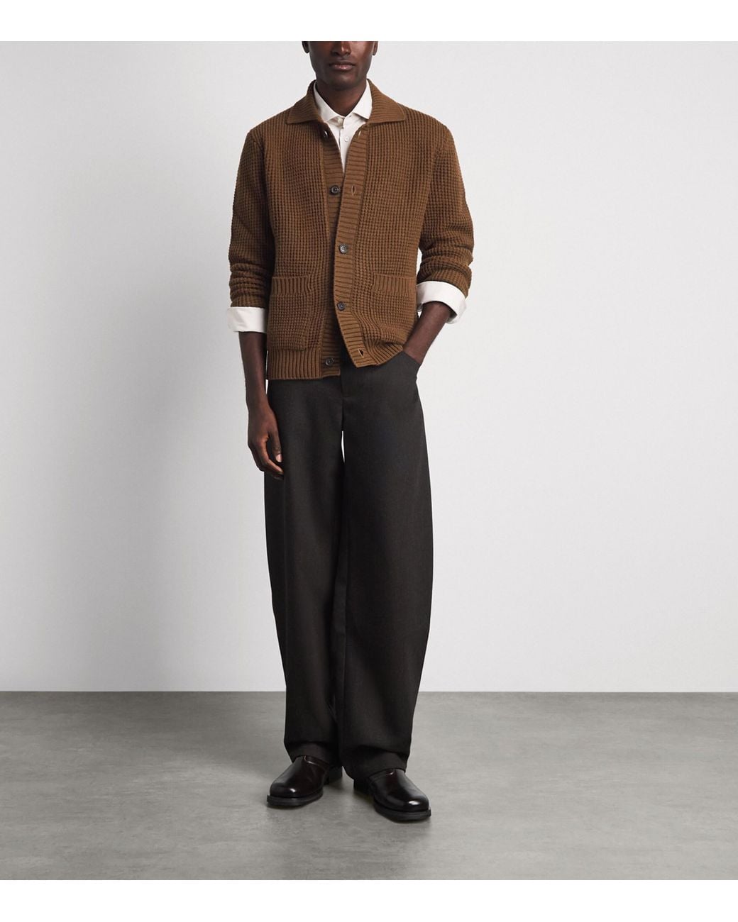 Corneliani Brown Virgin Wool-Cashmere Waffle-Knit Cardigan for men