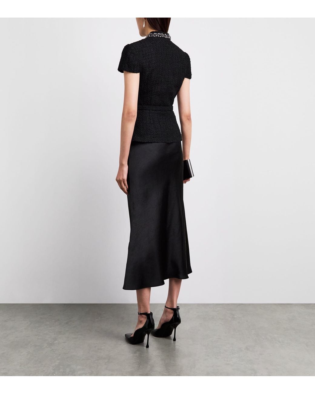 Self-Portrait Black Satin Bouclé Crystal-Embellished Midi Dress