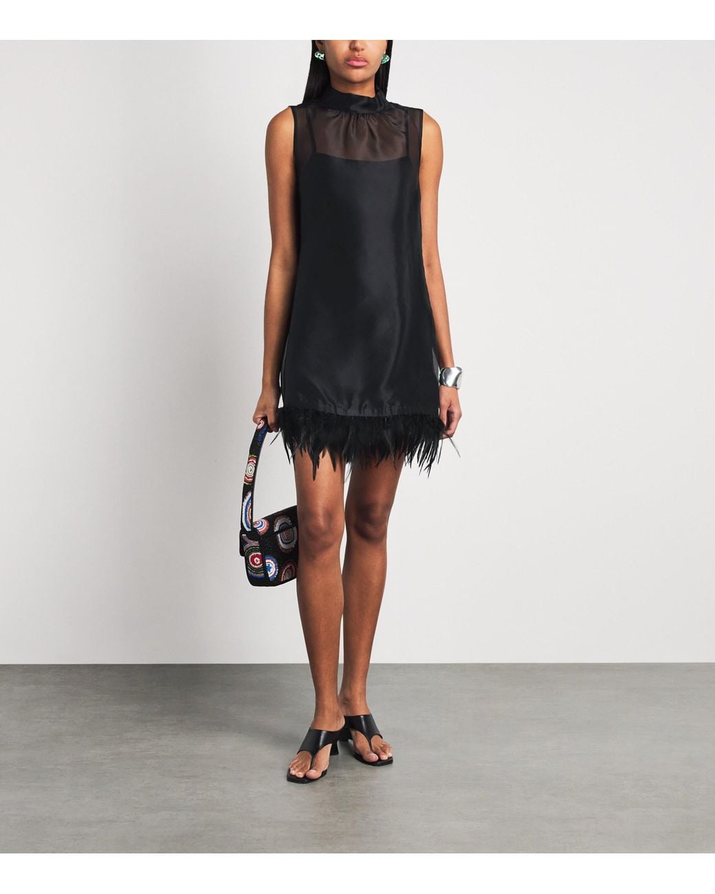 Staud Black Silk Feather-Trim Albee Mini Dress