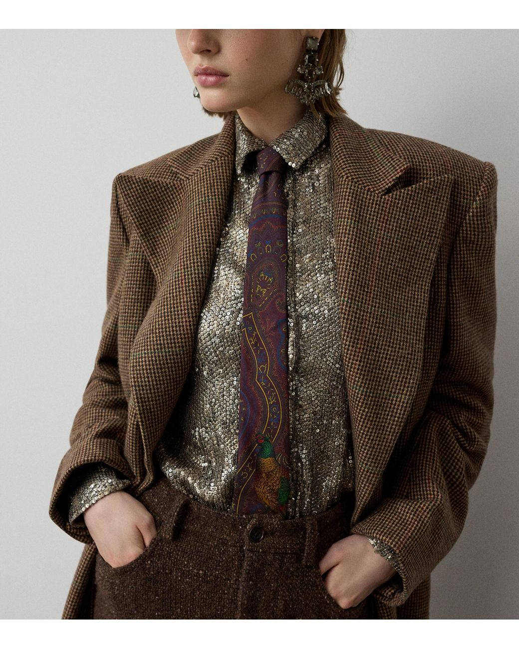 Ralph Lauren Brown Mulberry Silk Embellished Shirt