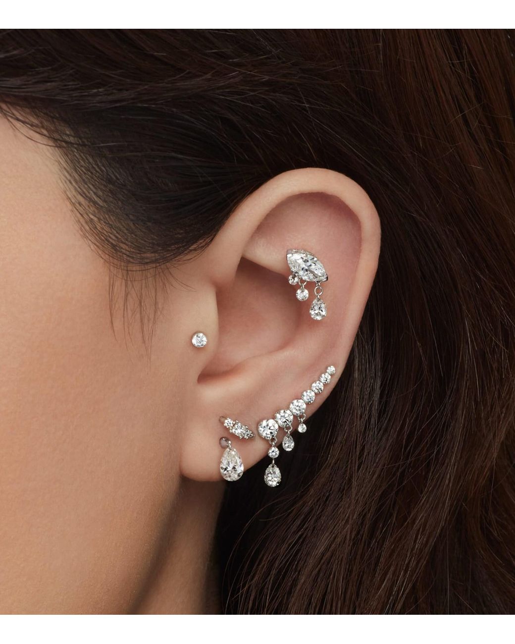 Maria Tash Metallic Floating Pear Diamond Charm Threaded Stud Earring