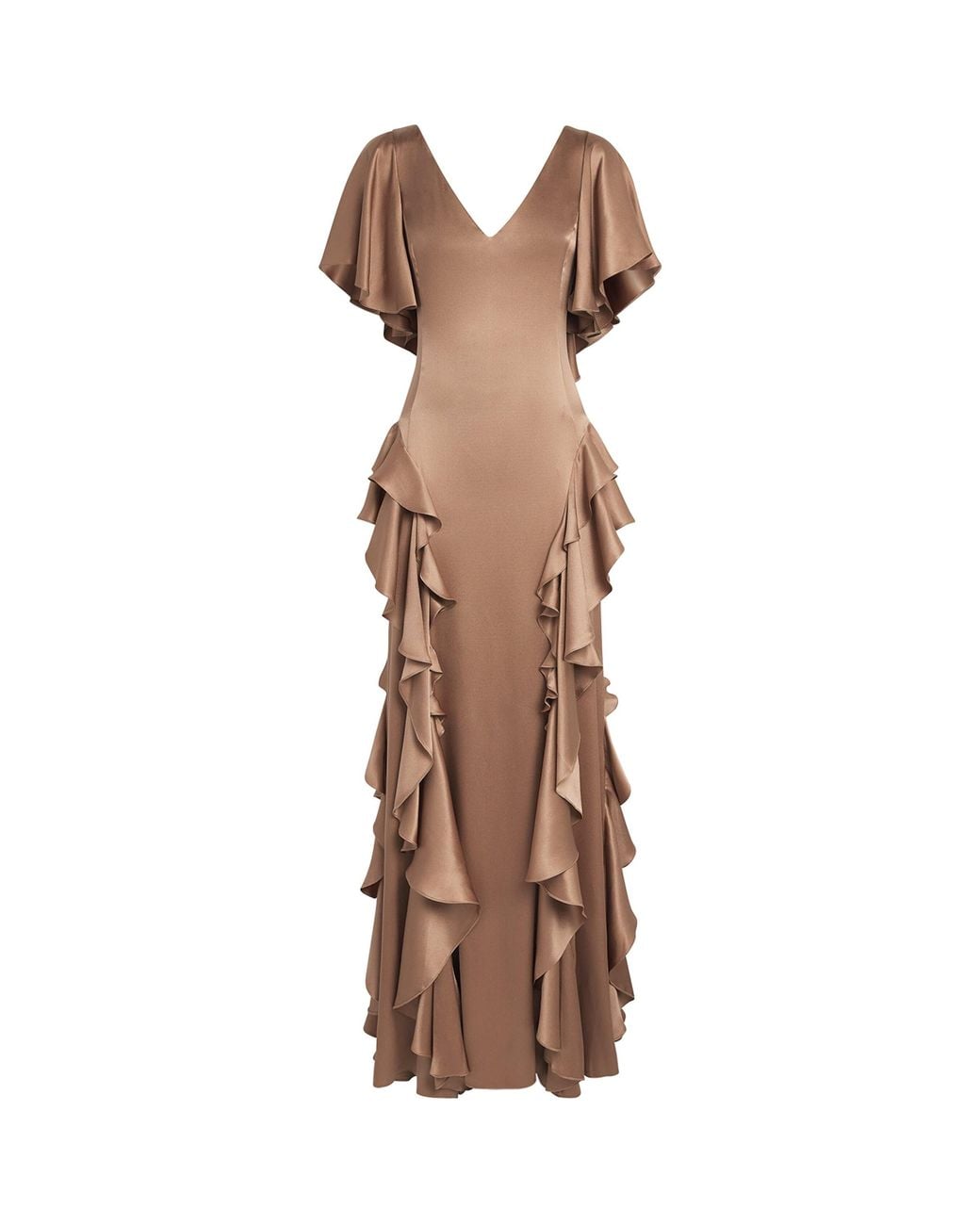 Gabriela Hearst Brown Silk Satin Ruffled Spiral Maxi Dress