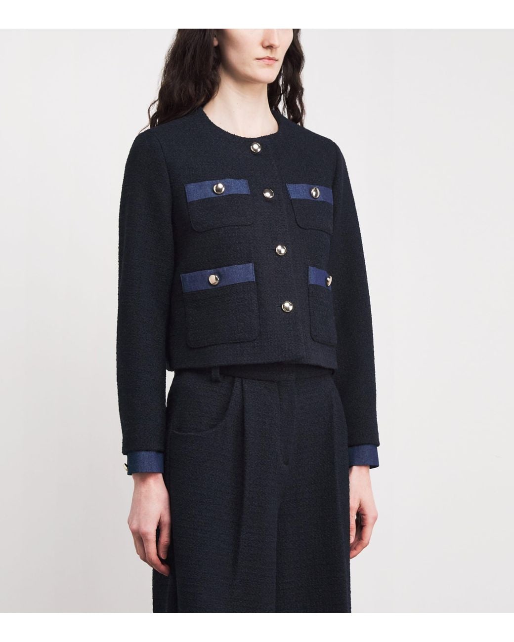 Maje Blue Tweed Denim-Trim Jacket