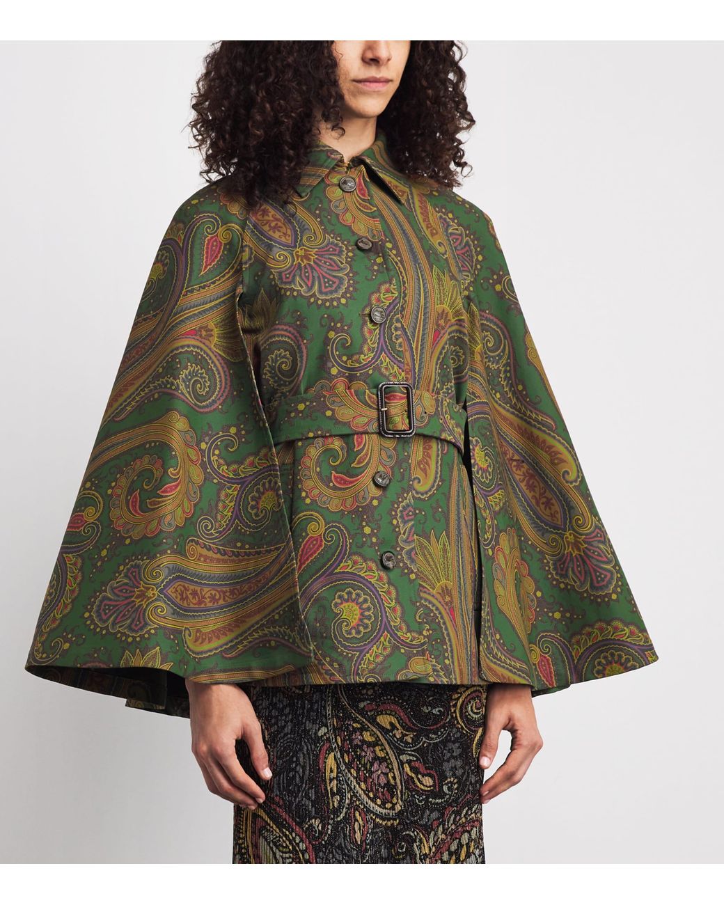 Etro Green Cotton Gabardine Paisley Cape Jacket