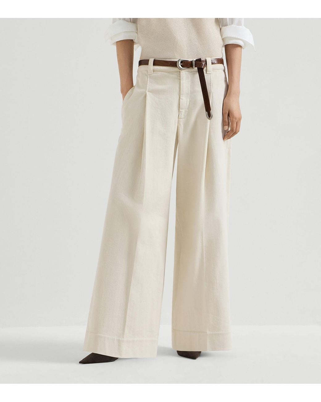 Brunello Cucinelli White Cotton Twill Cuffed Trousers
