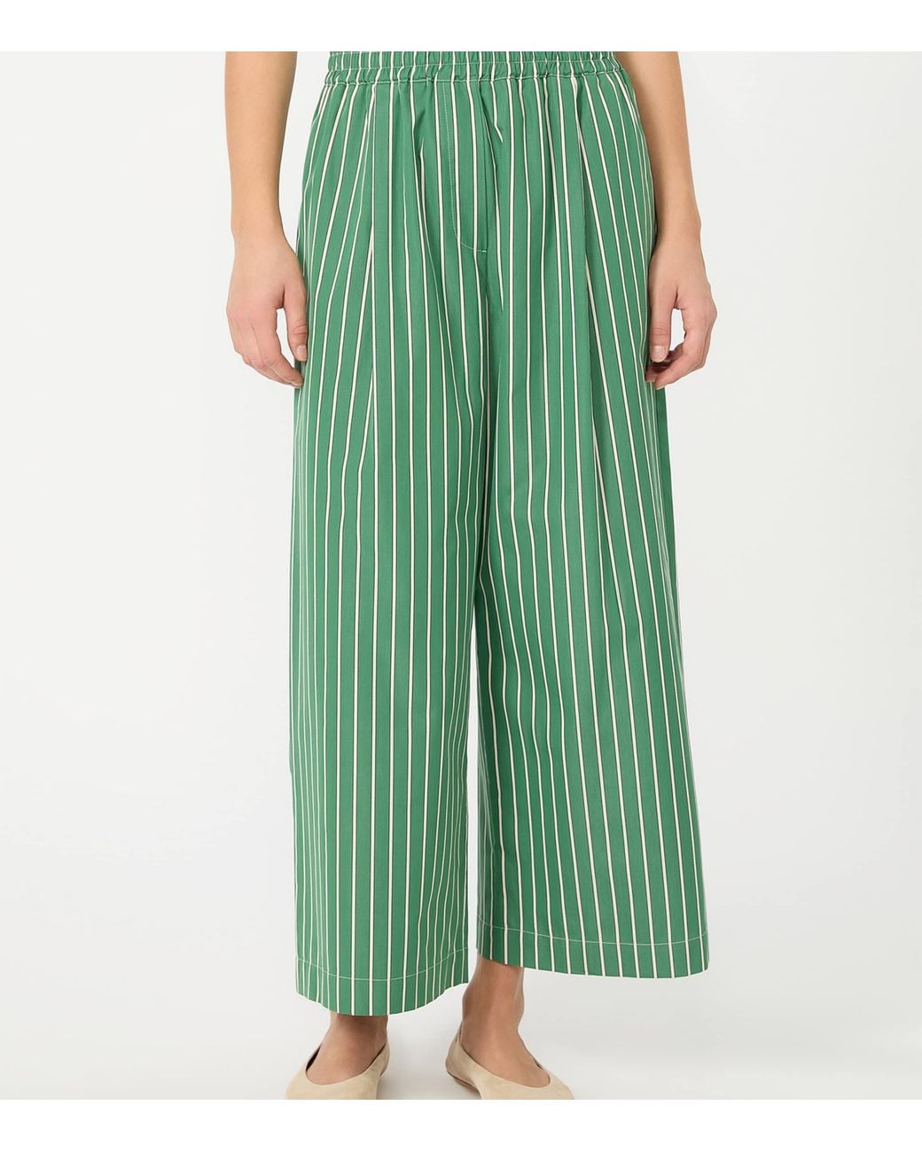 Weekend by Maxmara Green Cotton Striped Wide-Leg Trousers