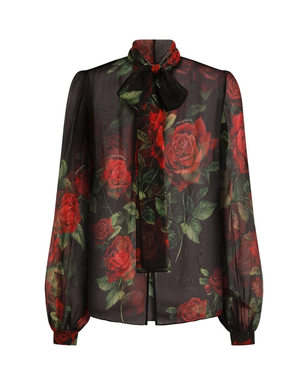 Dolce & Gabbana Brown Silk Rose-Print Pussybow Shirt