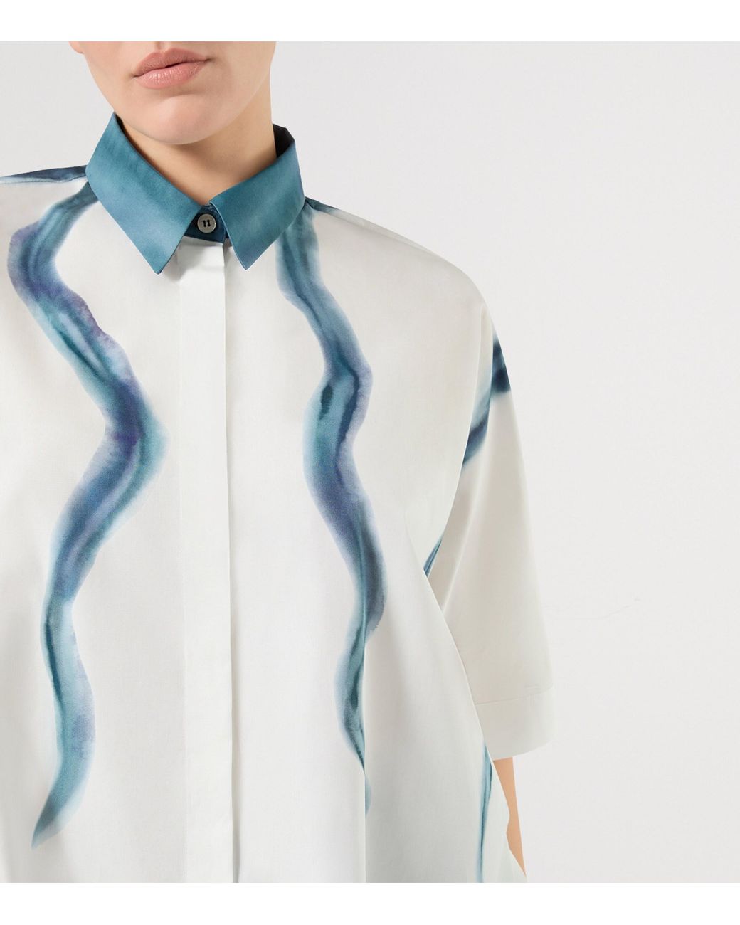 Marina Rinaldi Blue Cotton Printed Short-Sleeve Shirt